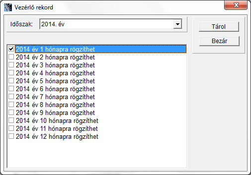 Ezután a paraméterek menü időszakváltásnál tudunk átlépni a 2014-es évre. Majd a paraméterek menü vezérlő rekord almenüben engedélyezzük most csak a január hónapra a könyvelést.