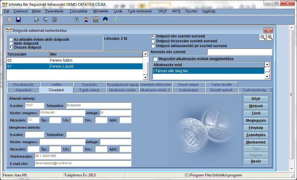 Ferenc László adatait felvittük az alapadatok fülön.
