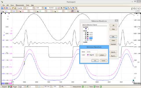 Reference waveforms (referencia hullámalakok) A PicoScope-al meg lehet jeleníteni eltárolt hullámalakokat az élő jelek mentén.