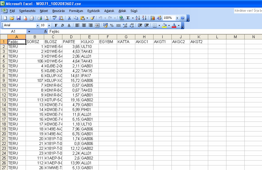 A lementett parcellasoros CSV fájl az otthoni munka során megnyitható a táblázatkezelı szoftverrel, vagy más alkalmas, ingyenes programmal (pl. Notepad, Textpad, CSV szerkesztık).