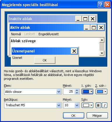 Operációs rendszerek Amennyiben nem találunk megfelelő sémát, a Windows képernyőjén megjelenő objektumok tulajdonságait egyenként is módosíthatjuk. Ehhez először kattintsunk a Speciális gombra.