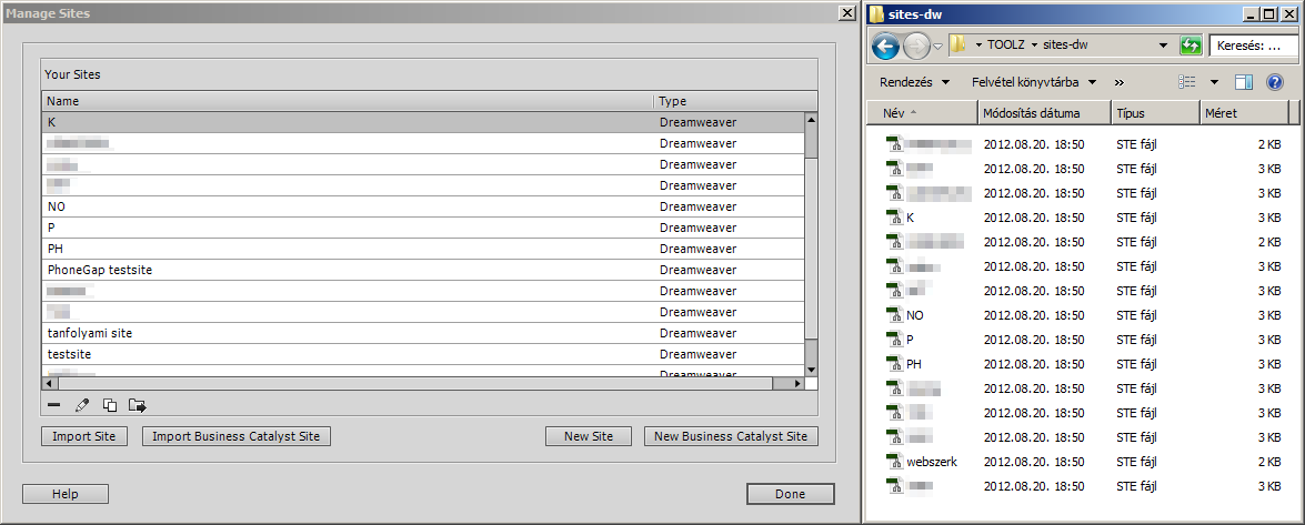 A DW Site-kezelője a Site / Manage Sites menüponttal érhető el. Ebben a kezelőben tudjuk a sitebeállításokat szerkeszteni, és a sitedefiníciós file-okat importálni és exportálni.