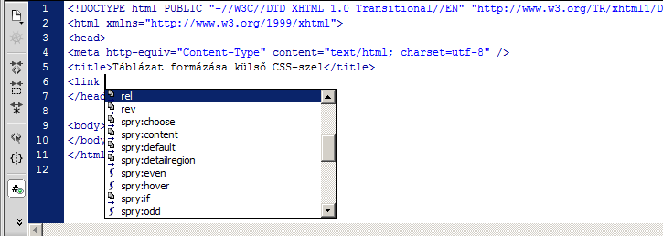 4. CSS-szerkesztés 4.1. CSS-szerkesztés automatikus kódsegítséggel Hozzunk létre egy CSS-dokumentumot a New Document párbeszédablakban és gépeljük be:.