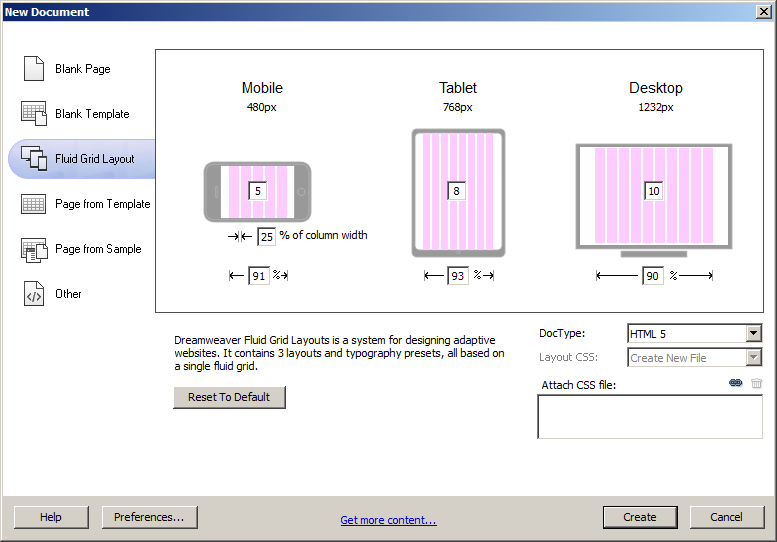 Hozzunk létre egy új mappát a következőkben létrehozandó összes file-nak. Válasszuk a Welcome Screenen vagy a New Document párbeszédben a Fluid Grid Layout parancsot.