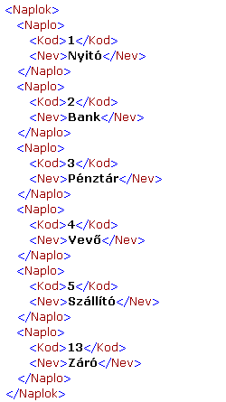 Adatexport útmutató - 1.0.1.0 1.4.5 Naplók A napló határozza meg, hogy a bizonylatot a Főkönyvben milyen naplón rögzítették, illetve, hogy milyen almodulból került a főkönyvbe (pl.