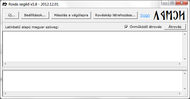 Gépelés mód: egyből rovással gépelsz, az alkalmazás csak néhány alapvető segítséget tud nyújtani a rovásos gépeléshez. Valamelyik lehetőségre kattintva az alkalmazás fő ablakába már írhatsz is.