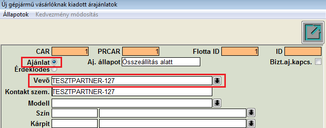 Új gépjármű értékesítés modulban készített Érdeklődés esetében nem kötelező a Partner törzsből ügyfelet kiválasztani, elég manuálisan beírni az érdeklődő