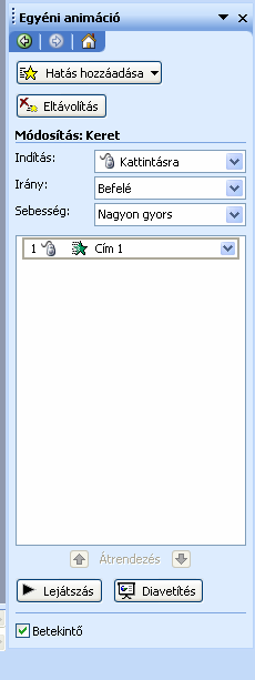 13. Diavetítés Diavetítés\Egyéni animáció 7 Animálás során a dia elemit fokozatosan megjelenítjük, mozgatjuk. 1. Kiválasztjuk a diának azt az elemét, amit mozgatni szeretnénk. (pl.