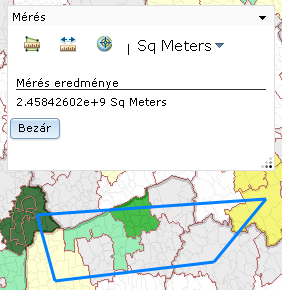 Kiválasztjuk a mérés mértékegységét a panelen található lenyíló menü segítségével, majd a (terület) ikonra kattintunk és kijelöljük a térképen - egér kurzorral - a mérendő terület koordinátáit, a