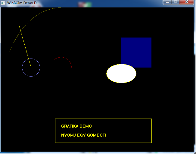 Ha bezárjuk, láthatóvá válik a program szövegablaka, amelyben egy linket is megadtam a használható grafikus függvényekről való tájékozódáshoz: http://www.cs.colorado.edu/~main/cs1300/doc/bgi/index.