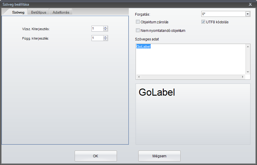 4.7 Szöveg beállítása GoLabel használati útmutató A betűtípusok lehetnek a belső betűtípusok, a letöltési betűtípusok és a CF kártyán vagy USB adathordozón a külső betűtípusok.