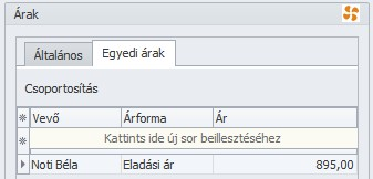 Árak felsorolása. Termékenként tetszőleges számú ár megadható. A propeller segítségével manuális eladási árak beírása esetén árrést is számíthatunk. Egyedi árak Vevőnkénti egyedi árak árformánként.