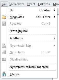 Súgó Fájl A fájl menüben találhatók az adatrögzítéssel, adatbázissal és