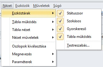 Eszköztárak, adatok és táblázatok megjelenési formáinak testreszabásai és ehhez kapcsolódó műveletek.