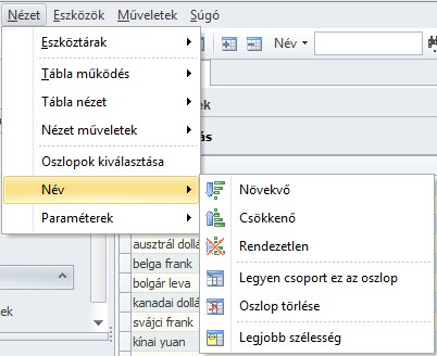 Megjeleníti az aktuális tábla rejtett oszlopait - példánkban a devizanemek. Az oszlopokat fogjuk meg az egérrel és húzzuk rá a testreszabás kisablakra, ha el szeretnénk tüntetni őket, ill.