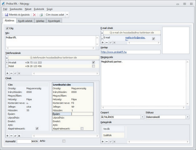 Névjegy párbeszédablak a partnerek törzsadatainak rögzítésére. Shift+Ctrl+N lenyomásával bármikor közvetlenül felvihető egy új partner.