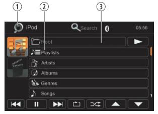 ipod/iphone FORRÁS MŰKÖDÉSE Lejátszó oldal: Kijelző elemek: 1. ipod üzemmód 2. track/mappa/lejátszó lista 3.