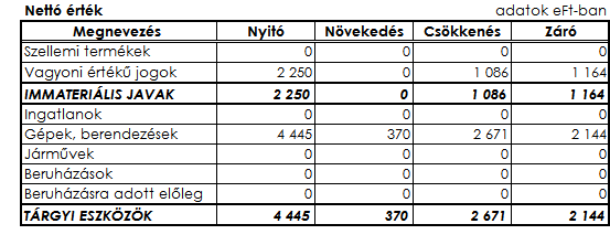 1.1. BEFEKTETETT ESZKÖZÖK A befektetett eszközök mérleg szerinti összege 9 308 eft.