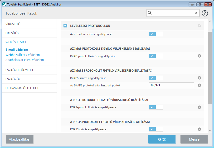 4.2.2.3 Riasztások és értesítések Az E-mail védelem biztosítja a POP3 és az IMAP protokollon keresztül érkező levelek ellenőrzését.