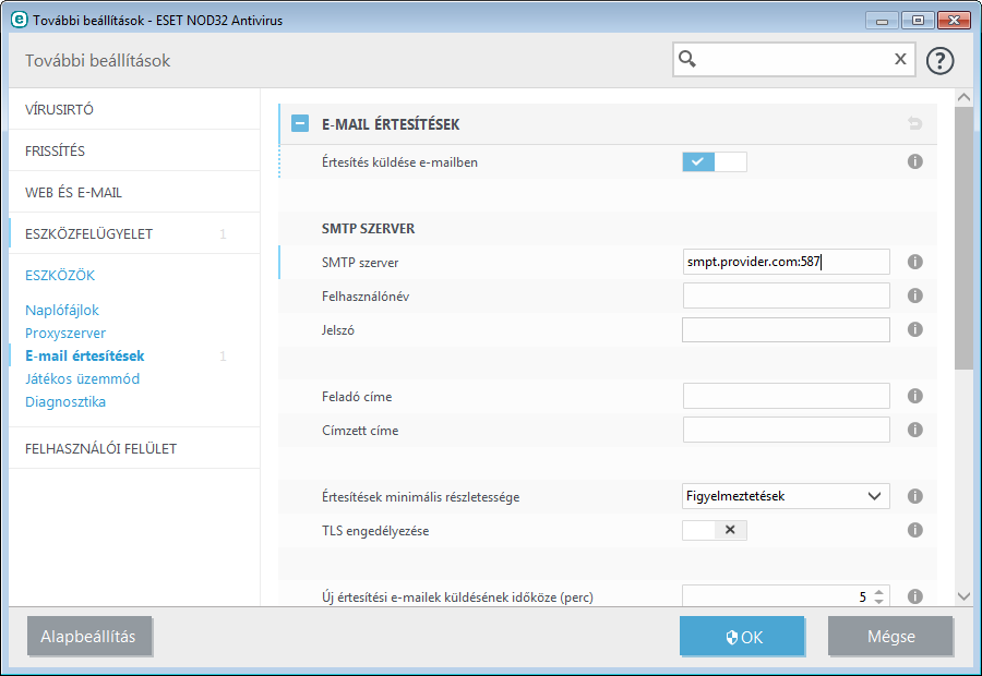 4.4.1.11 E-mail értesítések Az ESET NOD32 Antivirus képes automatikusan értesítő e-maileket küldeni a kiválasztott részletességi szintű esemény előfordulása esetén.