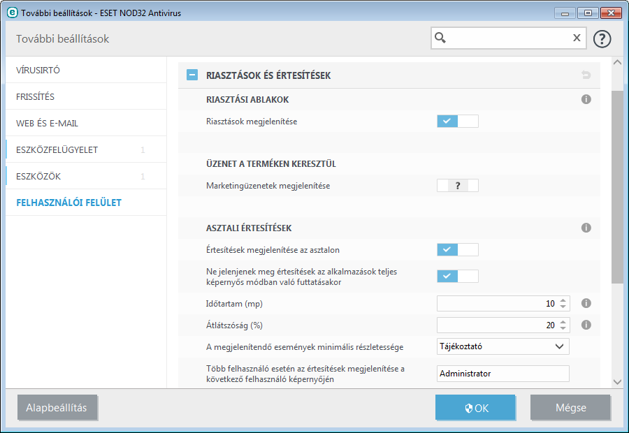 4.5.2 Riasztások és értesítések A Felhasználói felület csomópontból megnyitható Riasztások és értesítések lapon beállíthatja, hogy az ESET NOD32 Antivirus hogyan kezelje a kártevőkkel kapcsolatos