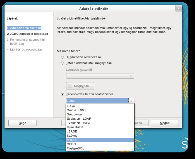 KÉSZEN AZ ÉRETTSÉGIRE Kapcsolódás a létrehozott MySQL adatbázishoz LibreOffice segítségével A korábban létrehozott MySQL adatbázishoz a Libreoffice Base program elindításával fogunk csatlakozni.