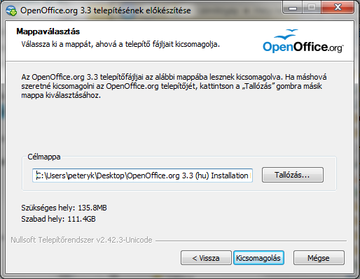 KEZDŐ LÉPÉSEK 15 A program telepítése A programtelepítés lépései: 1. A programcsomag letöltése után keressük meg a telepítő programot (OOo_3.3.0_Win_x86_install_hu.