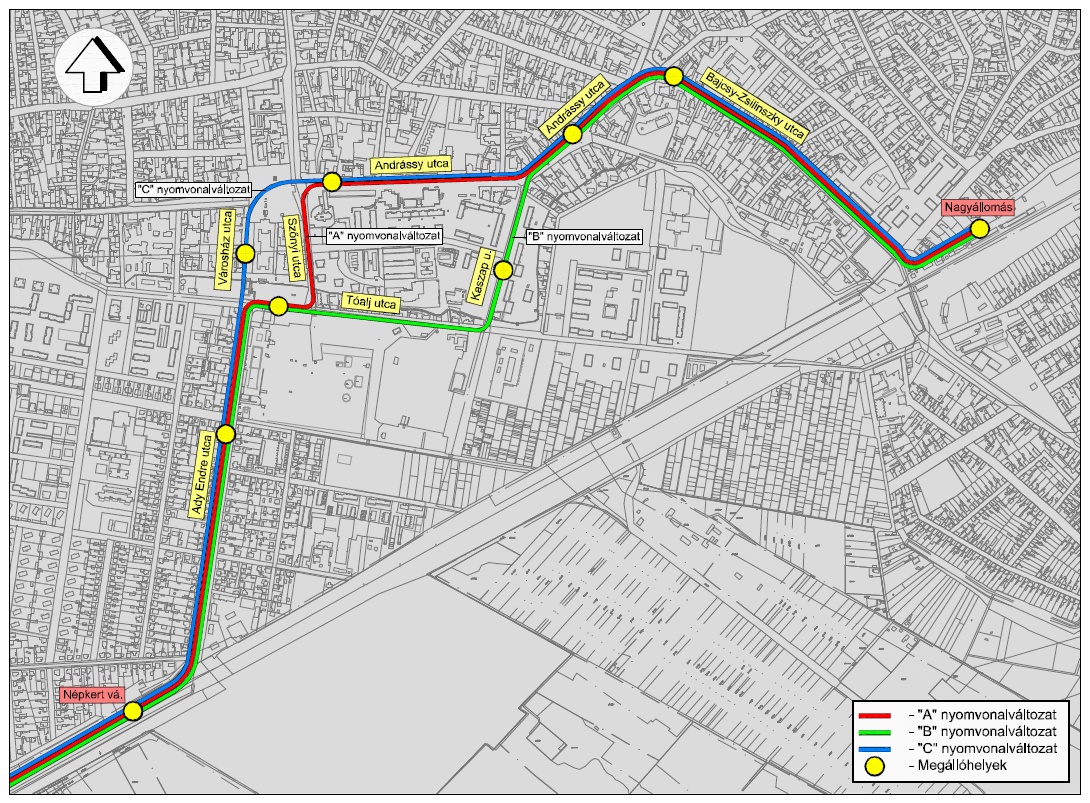 A nyomvonal az Ady Endre utcán, az Andrássy utca ÉK-i szakaszán és a Bajcsy-Zsilinszky utcán mindhárom változatban azonos, az eltérés: "A" nyomvonalváltozat: Tóalj u. - Szőnyi u. - Andrássy u.