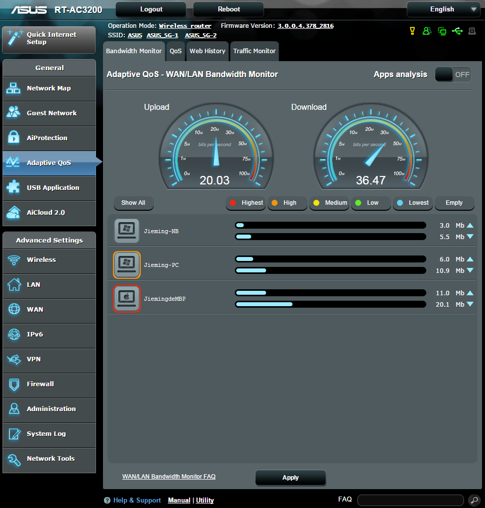 3.4 Adaptív QoS 3.4.1 Sávszélesség-figyelő Ez a szolgáltatás lehetővé teszi a WAN/LAN sávszélésségének figyelését, és megjeleníti a kapcsolat fel- és letöltési sebességét.