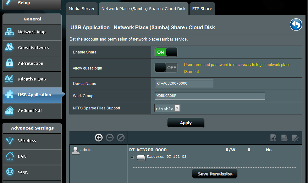 A Médiakiszolgáló beállítási oldal elindításához menjen a General (Általános) > USB application (USB-alkalmazás) > Media Services and Servers (Médiaszolgáltatások és -szerverek) > Media Servers