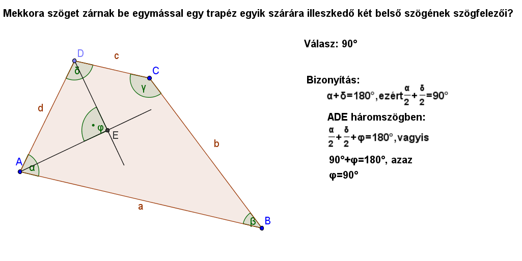 31. ábra A munkalapon a feladat szövege és bizonyítása is látható. Az ábra a feladat megoldását szemlélteti, miszerint az átlók 90 -os szöget zárnak be.