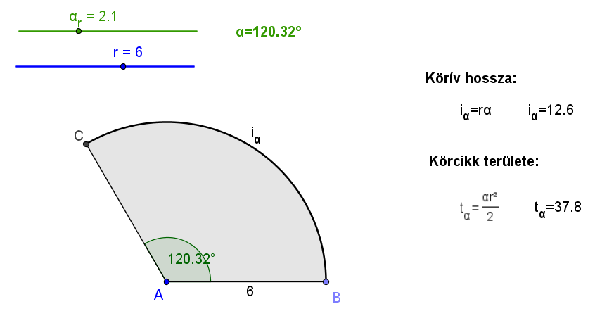 5.2.1. Körív hossza, körcikk területe Ennél a témakörnél a legnehezebb feladat, megtanítani a tanulóknak a szög radiánban való mérését és a radiánban megadott szöggel történő számítást.