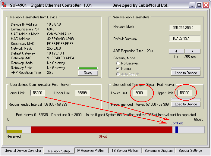 Megjegyezzük, hogy a CableWorld szoftverek alapbeállításban az 56.9xx portok egyikén kommunikálnak a készülékkel. Harmadik megoldásként azt szemléltetjük, amikor a 8000.