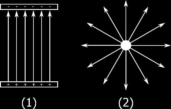10. Az alábbi ábrákon látható elektromos erőterek közül melyik homogén? A) Az (1) jelű. B) A (2) jelű. C) Mindkettő. 11.