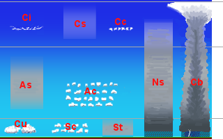 o kumulusz (Cu, alacsony szintű gomolyfelhő), o kumulonimbusz (Cb, zivatar-felhő) A köd a levegő páratartalmának egyik megjelenési formája.