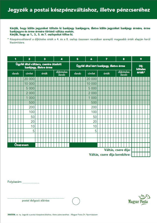 Jegyzék a postai készpénzváltáshoz,