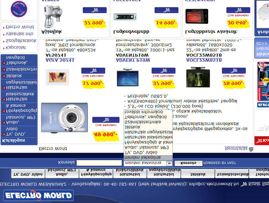 17.2. Elektroworld Tematikus tartalom A m szaki cikkeket, szórakoztató elektronikát forgalmazó áruházlánc webes megjelenése már kicsit zavarosabb, nem nevezhet letisztult, logikusan felépített