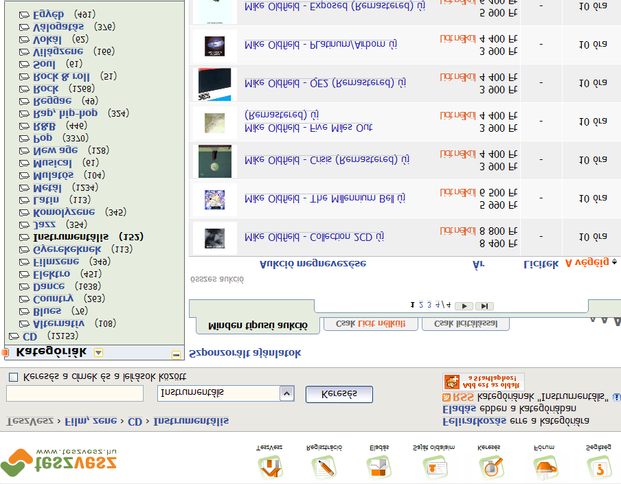 Els gyakorlat, Instrumentális zenét, ilyen tárgyra vonatkozó aukciót keresünk. A F lapon a Film-zene választás után már látható, hogy az instrumentális CD alkategóriában 151 bejegyzés lappang.