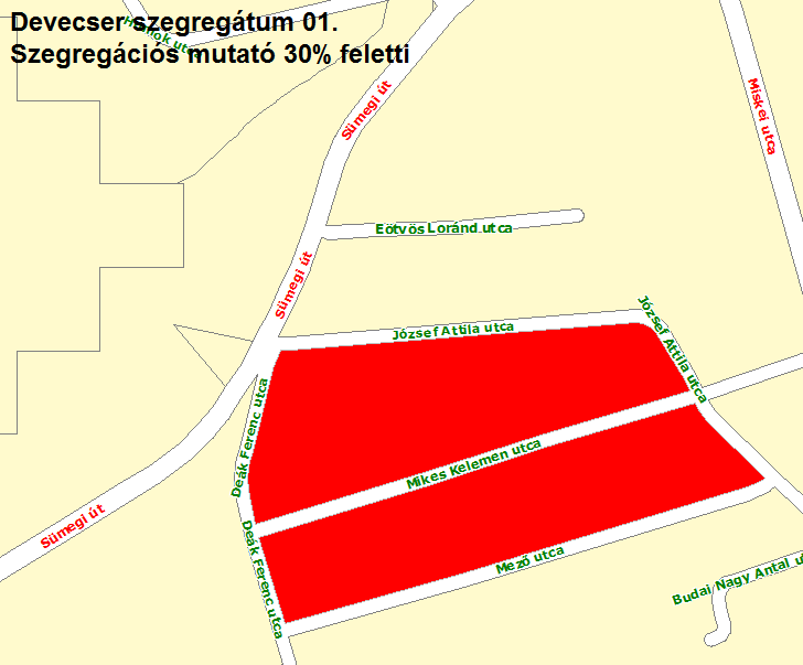 3.3-4. ábra: Devecser 1. szegregátum (József A. u. - Mező u. - Deák F. u.) 2. szegregátum (Sümegi út nyugati oldala az Erkel F. u.-tól - Miskei u. - Vásárhelyi u. - Homok u.