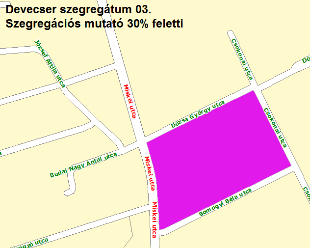 3.3-6. ábra: Devecser 3. szegregátum (Miskei u. - Somogyi B. u. - Csokonai u. - Dózsa Gy. u.) 4. szegregátum (Honvéd u. - Nagy L. u. - Hársfa u. - Lakatos u. - Fekete A. u. - Szél u.