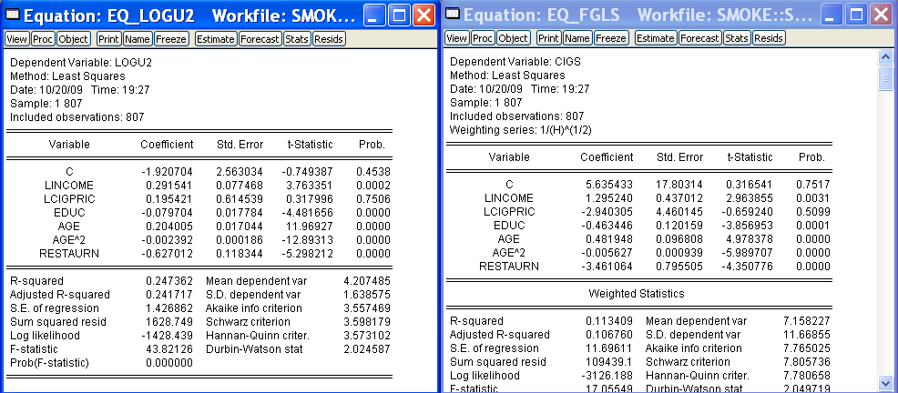 FGLS becslés Evews program equaton eq_ols equaton eq_olsrob eq_ols.ls cgs c lncome lcgprc educ age age^ restaurn delete whte delete breuschpagan freeze(whte) eq_ols.