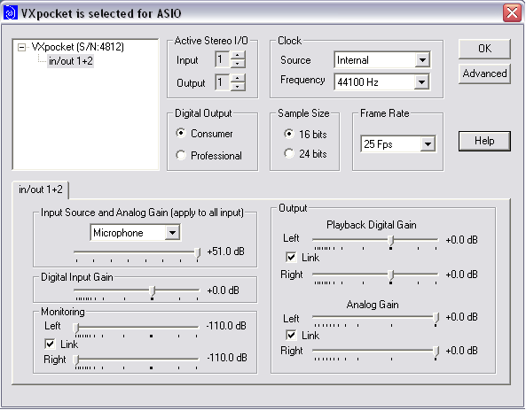 5.8.ábra: Digigram ASIO Control Panel beállításai.