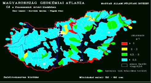 Kadmium Kadmium természetes előfordulási helyei Magyarország finomszemű ártéri üledékeiben A kimutatási határ fölötti értékek zöme az Északi Középhegység, a Duna