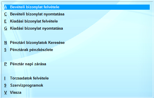 8. Pénztári bizonylat felvétele Amennyiben a programban engedélyezett a pénztári bizonylat készítés, akkor lehetőség van készpénzes pénztár vezetésére.