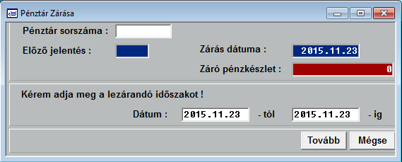 A program ellenőrzi a zárás jogosságát, kijelzi a záró pénzkészletet és a pénztár zárási dátumát. Ha a kezelő eltér ettől (Pl.: Ünnepnapok miatt) figyelmezteti, de végrehajtja a zárást. 8.