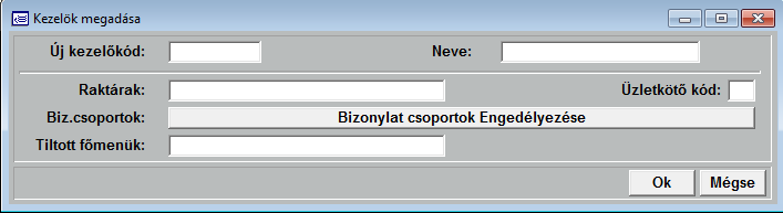 22.3 Kezelők-jelszó megadása Minden kezelőnek meg kell adni a nevét és a hozzáférési jogosultságát. A név megadása a bizonylatok nyomtatása miatt fontos.