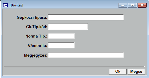 A gépkocsi típusok adatfelvételi képernyője a következő: Gépkocsi típusa: A gépkocsi típusa szövegesen Gk.Tip.Kód: A gépkocsi típus felhasználó által kialakított kódja.