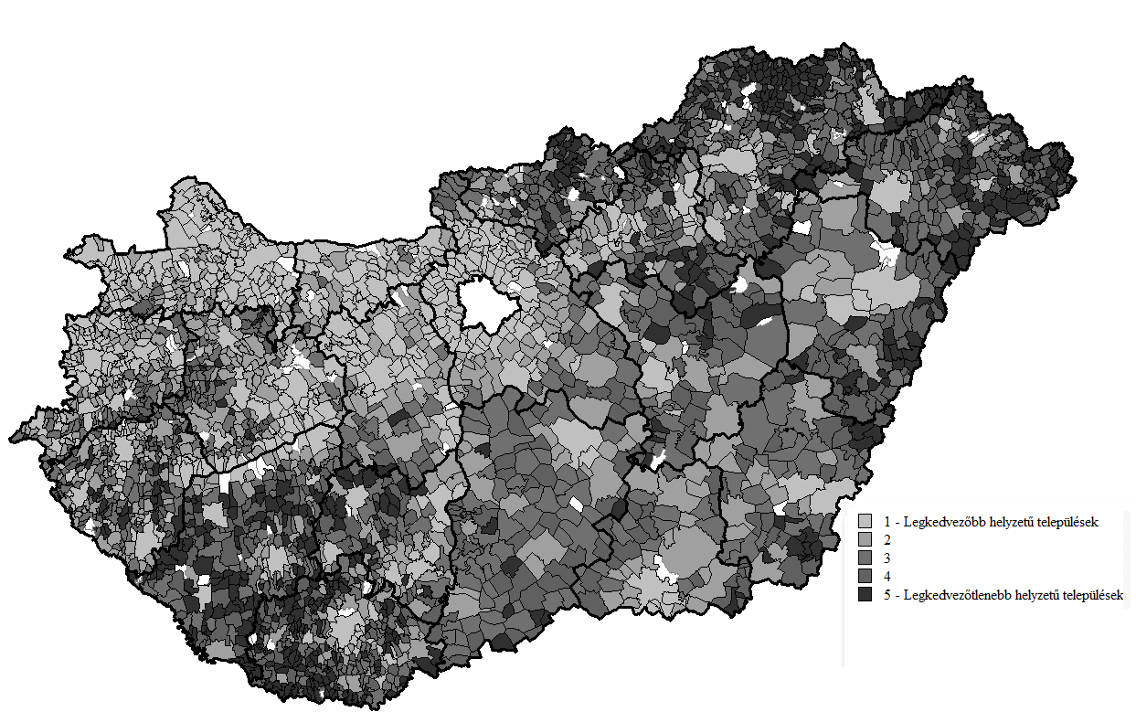 Területi jellemzők 2001 Deprivációs index értékei alapján települések osztályokba (ötödökbe) sorolása