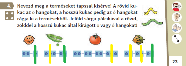 Hangdifferenciálás különböző színű pálcikákkal Megfigyeltethetjük a szóvégi ó helyesírási tudnivalóit is. Milyen ó hangot hallasz a szavak végén? Hogyan használjuk a korongot?