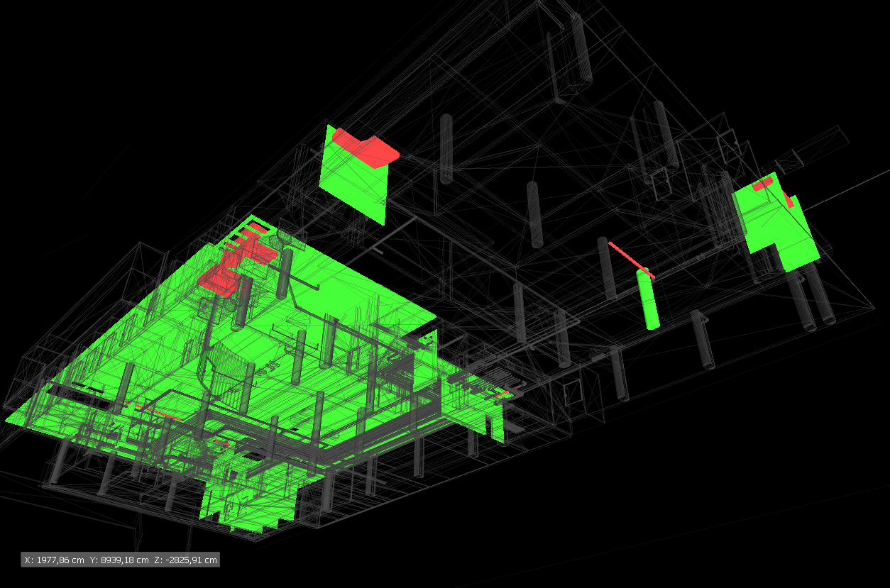6.4 Ütközés vizsgálat Miután elkészült a 3D-s modell, már előzetes szemrevételezés alapján is számos helyen lehetett látni a különböző szakágak ütközését.